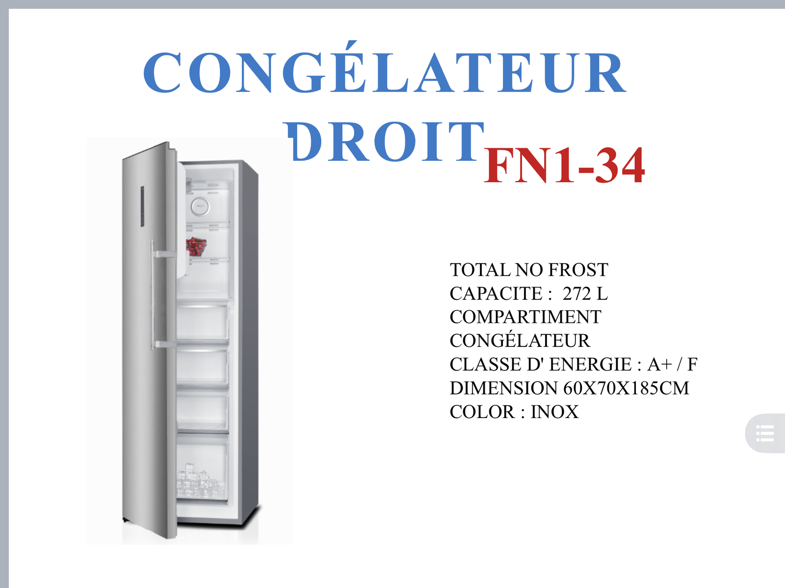 Congélateur Droit FN1-34 272 litres no frost - Dko.run974